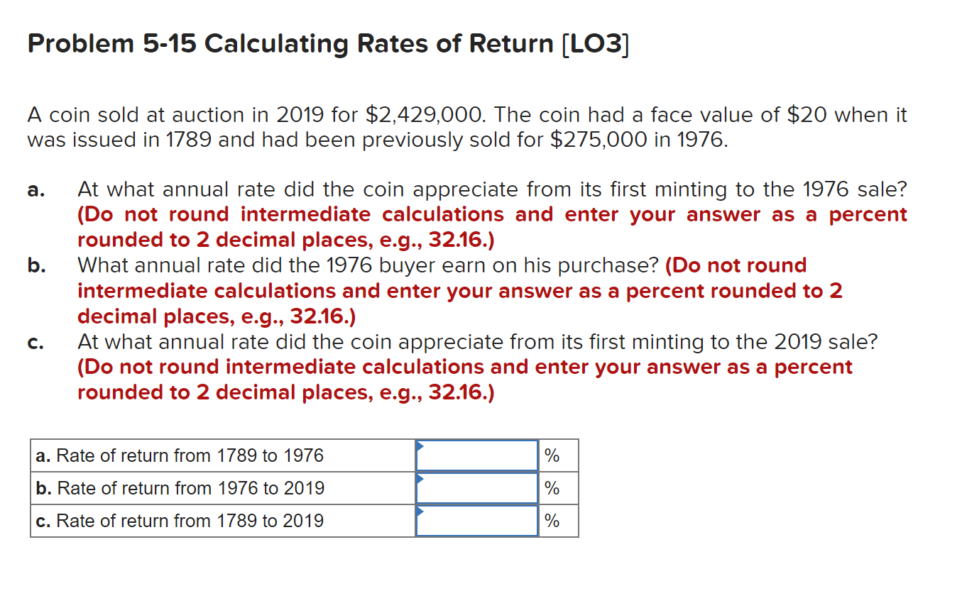 Problem 5 15 Calculating Rates Of Return Lo3 A Coin Sold At Auction In 2019 For 2 429 000 The Coin Had A Face Value 1