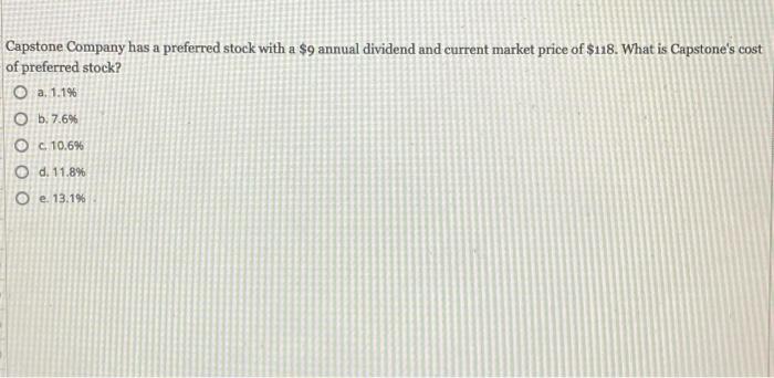 Capstone Company Has A Preferred Stock With A 9 Annual Dividend And Current Market Price Of 118 What Is Capstone S Co 1