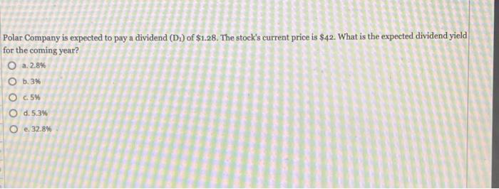 Polar Company Is Expected To Pay A Dividend D Of 1 28 The Stock S Current Price Is 42 What Is The Expected Divide 1