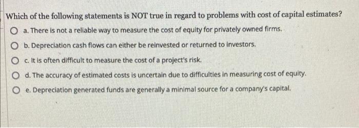 Which Of The Following Statements Is Not True In Regard To Problems With Cost Of Capital Estimates O A There Is Not A 1