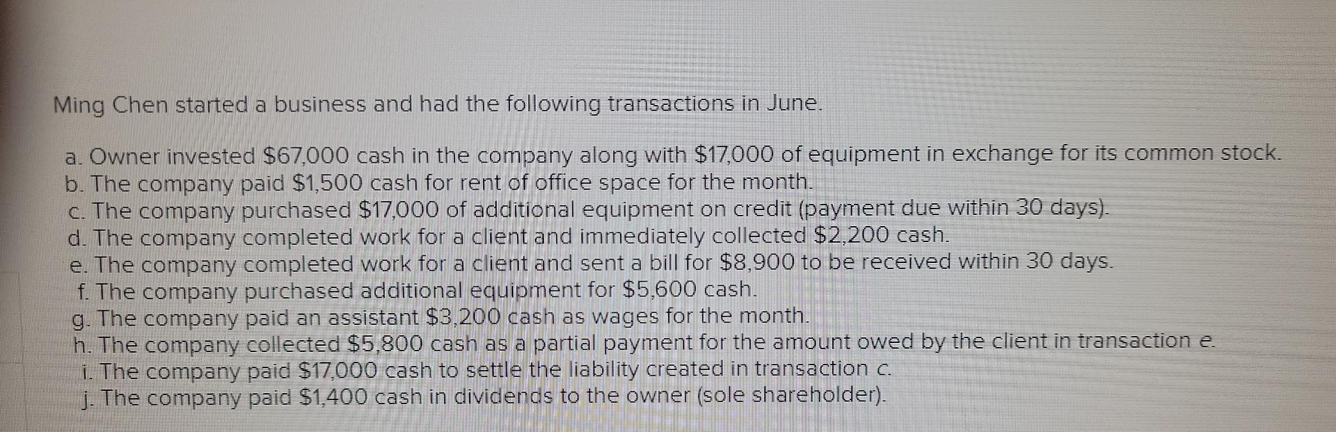 Ming Chen Started A Business And Had The Following Transactions In June A Owner Invested 67 000 Cash In The Company A 1