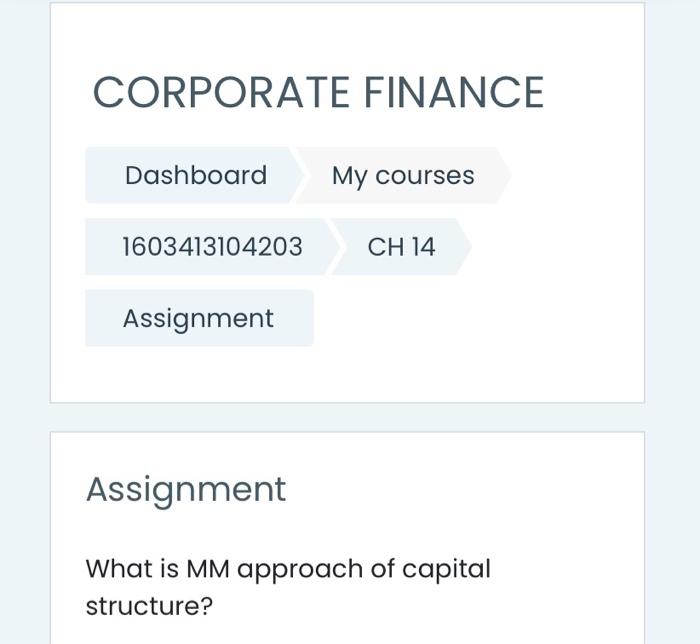 Corporate Finance Dashboard My Courses 1603413104203 Ch 14 Assignment Assignment What Is Mm Approach Of Capital Structur 1