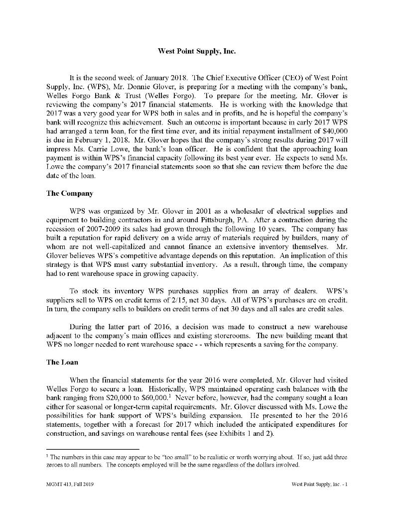 West Point Supply Inc It Is The Second Week Of January 2018 The Chief Executive Officer Ceo Of West Point Supply I 1