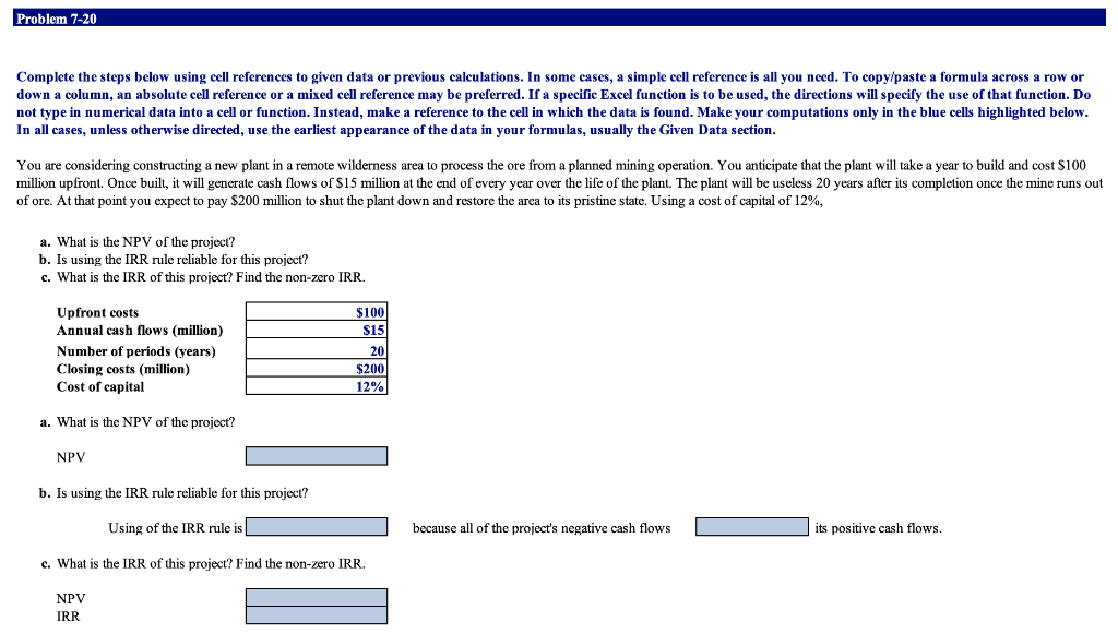 Problem 7 20 Complete The Steps Below Using Cell References To Given Data Or Previous Calculations In Some Cases A Sim 1