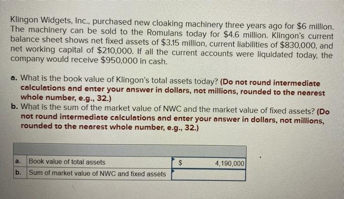 Klingon Widgets Inc Purchased New Cloaking Machinery Three Years Ago For 6 Million The Machinery Can Be Sold To The 1