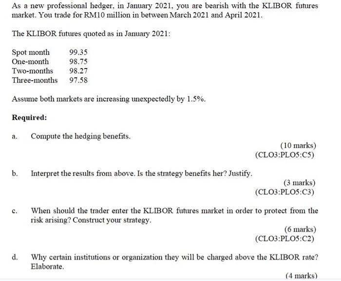 As A New Professional Hedger In January 2021 You Are Bearish With The Klibor Futures Market You Trade For Rm10 Millio 1