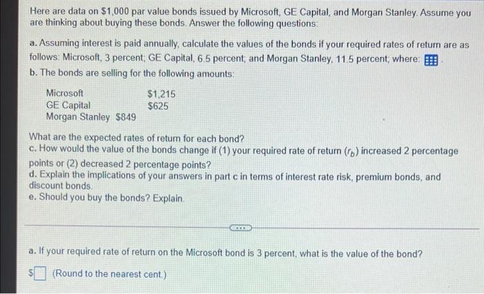 Here Are Data On 1 000 Par Value Bonds Issued By Microsoft Ge Capital And Morgan Stanley Assume You Are Thinking Abou 1