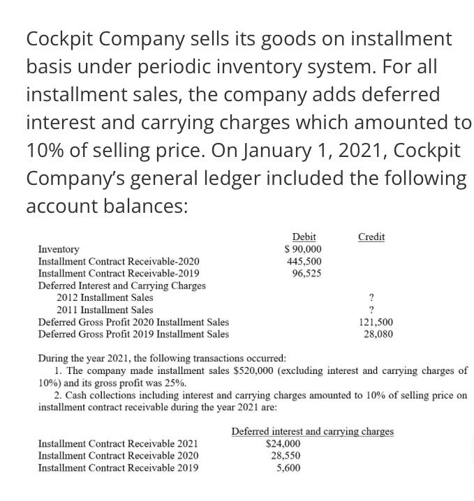 Cockpit Company Sells Its Goods On Installment Basis Under Periodic Inventory System For All Installment Sales The Com 1