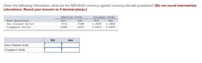 Given The Following Information What Are The Nzd Sgd Currency Against Currency Bid Ask Quotations Do Not Round Interm 1