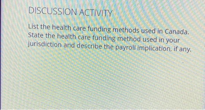 Discussion Activity List The Health Care Funding Methods Used In Canada State The Health Care Funding Method Used In Yo 2