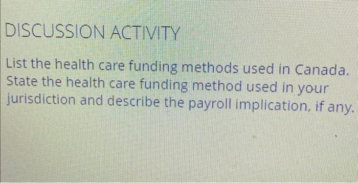 Discussion Activity List The Health Care Funding Methods Used In Canada State The Health Care Funding Method Used In Yo 4