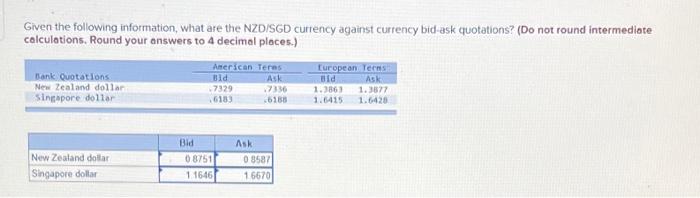 Given The Following Information What Are The Nzd Sgd Currency Against Currency Bid Ask Quotations Do Not Round Interm 1