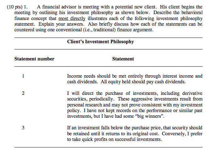 10 Pts 1 A Financial Advisor Is Meeting With A Potential New Client His Client Begins The Meeting By Outlining His I 1