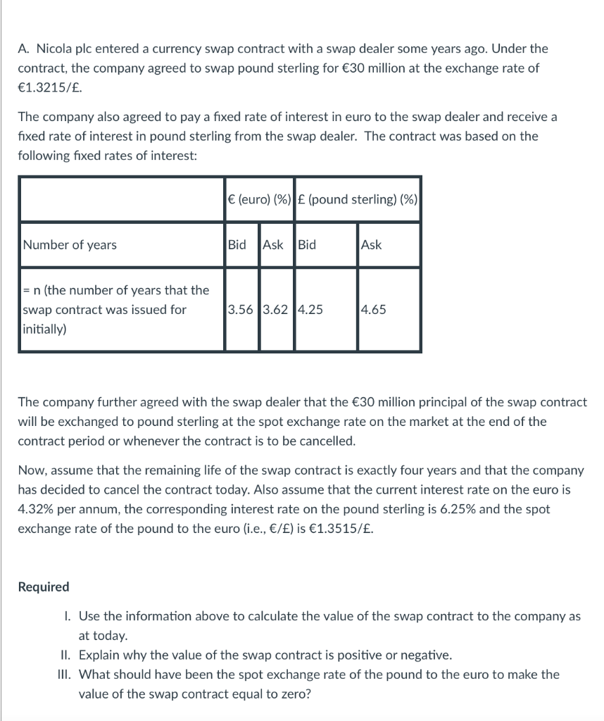 A Nicola Plc Entered A Currency Swap Contract With A Swap Dealer Some Years Ago Under The Contract The Company Agreed 1