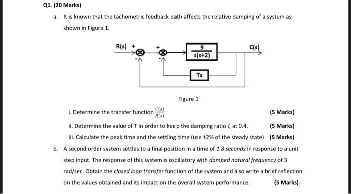 Q1 20 Marks A It Is Known That The Tachometric Feedback Path Affects The Relative Damping Of A System As Shown In Fi 1