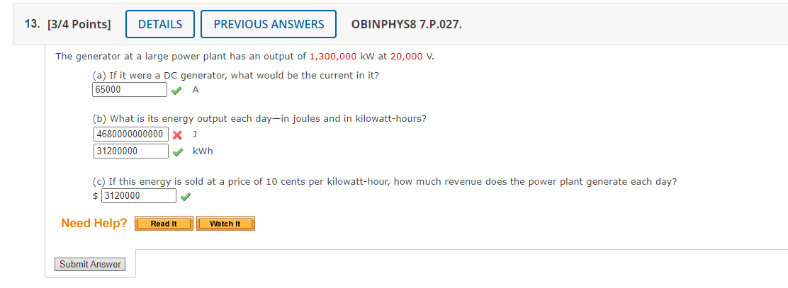 13 3 4 Points Details Previous Answers Obinphys8 7 P 027 The Generator At A Large Power Plant Has An Output Of 1 300 1