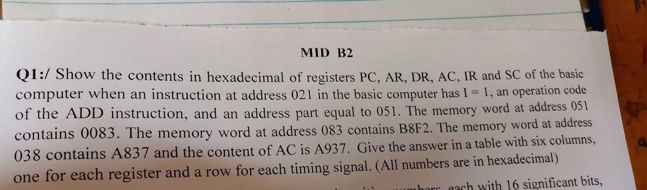 Mid B2 Q1 Show The Contents In Hexadecimal Of Registers Pc Ar Dr Ac Ir And Sc Of The Basic Computer When An Instru 1