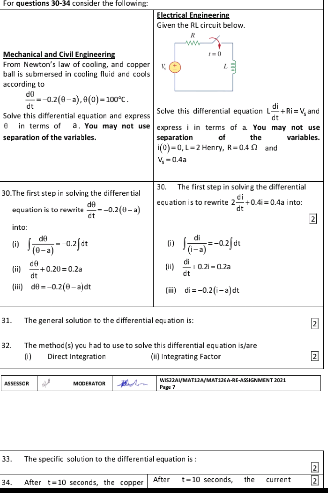 For Questions 30 34 Consider The Following Electrical Engineering Given The Rl Circuit Below 0 Mechanical And Civil E 1