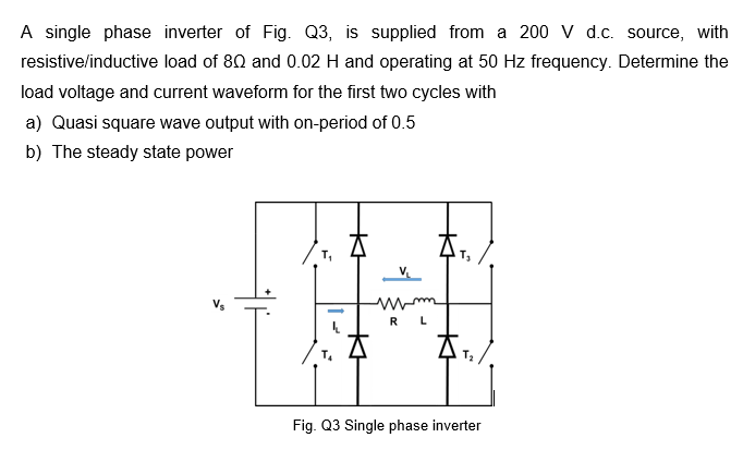 A Single Phase Inverter Of Fig 23 Is Supplied From A 200 V D C Source With Resistive Inductive Load Of 89 And 0 02 H 1