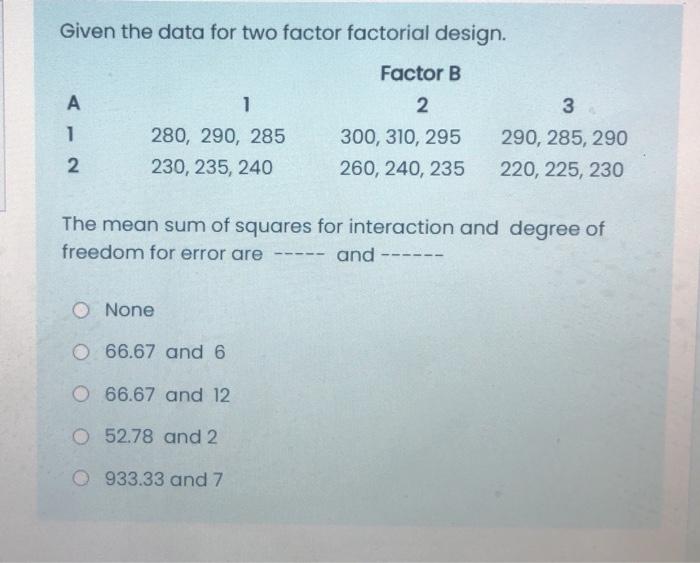 Given The Data For Two Factor Factorial Design 3 Nd 1 280 290 285 230 235 240 Factor B 2 300 310 295 260 240 2 1
