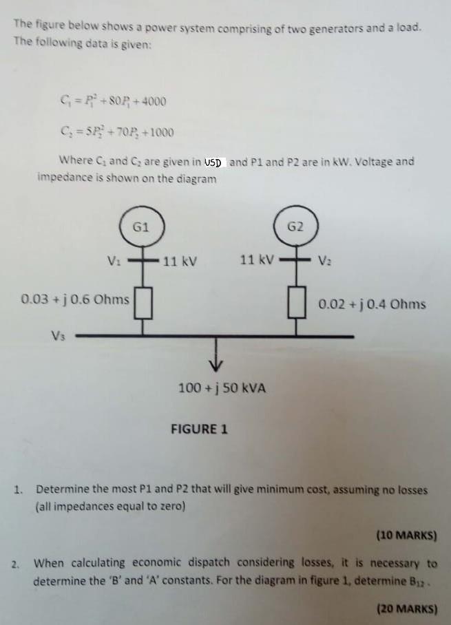 The Figure Below Shows A Power System Comprising Of Two Generators And A Load The Following Data Is Given C P Sop 1