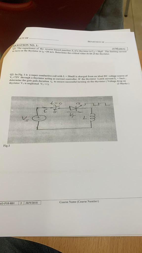 Gilty Of Department Of Question No 1 01 The Capacitance Of The Reverse Biased Junction J Of A Thyristor Is Co Sopr T 1