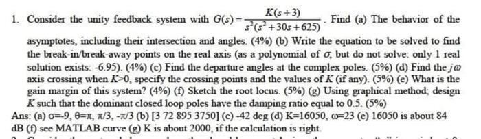 K 5 3 1 Consider The Unity Feedback System With G 5 S 30s 625 Find A The Behavior Of The Asymptotes Includi 1