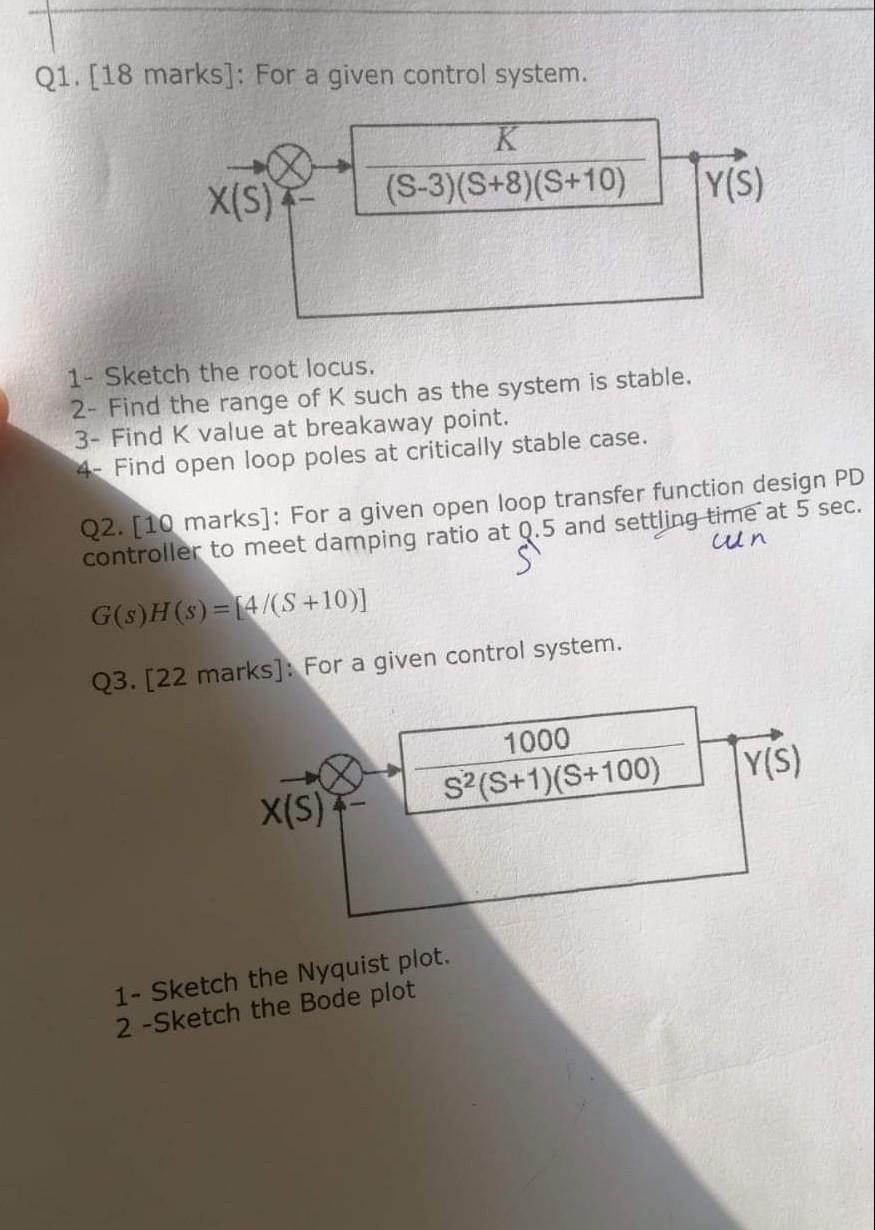 Q1 18 Marks For A Given Control System K S 3 S 8 S 10 Y S X S 1 Sketch The Root Locus 2 Find The Range Of 1