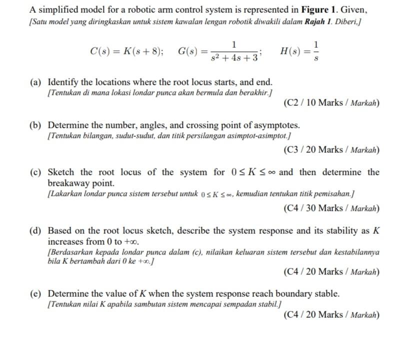 A Simplified Model For A Robotic Arm Control System Is Represented In Figure 1 Given Satu Model Yang Diringkaskan Unt 1
