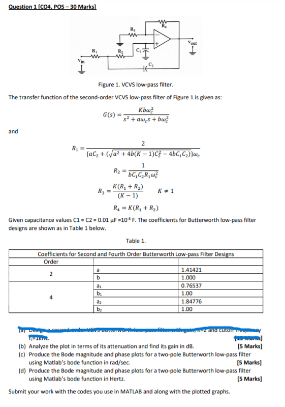Question 1 C04 Po5 30 Marks Ra Vout L Figure 1 Vcvs Low Pass Filter The Transfer Function Of The Second Order Vcvs 1