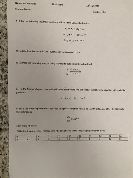 Numerical Methods Final Exam Student Name 1 Solve The Following System Of Linear Equations Using Gauss Elimination X 1