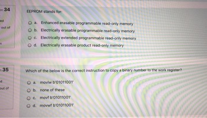 On 34 Eeprom Stands For Ed Out Of O A Enhanced Erasable Programmable Read Only Memory O B Electrically Erasable Progr 1