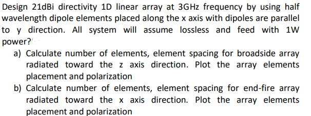 Design 21dbi Directivity 1d Linear Array At 3ghz Frequency By Using Half Wavelength Dipole Elements Placed Along The X A 1