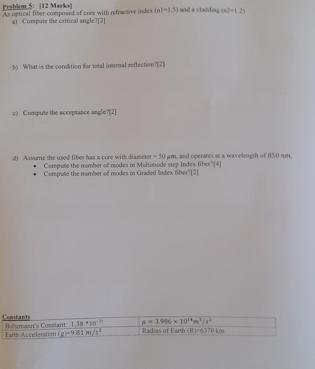 Problem 5 12 Marks An Optical Fiber Composed Of Core With Refractive Index Nl 1 5 And A Cladding N2 1 2 A Comput 1