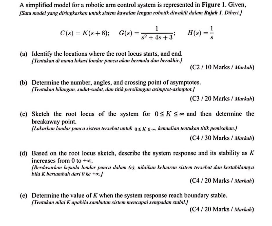 A Simplified Model For A Robotic Arm Control System Is Represented In Figure 1 Given Satu Model Yang Diringkaskan Unt 1