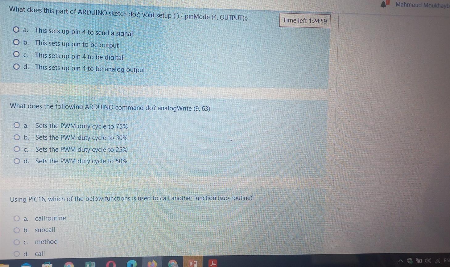 Mahmoud Moukhayb What Does This Part Of Arduino Sketch Do Void Setup Pinmode 4 Output Time Left 1 24 59 O A 1