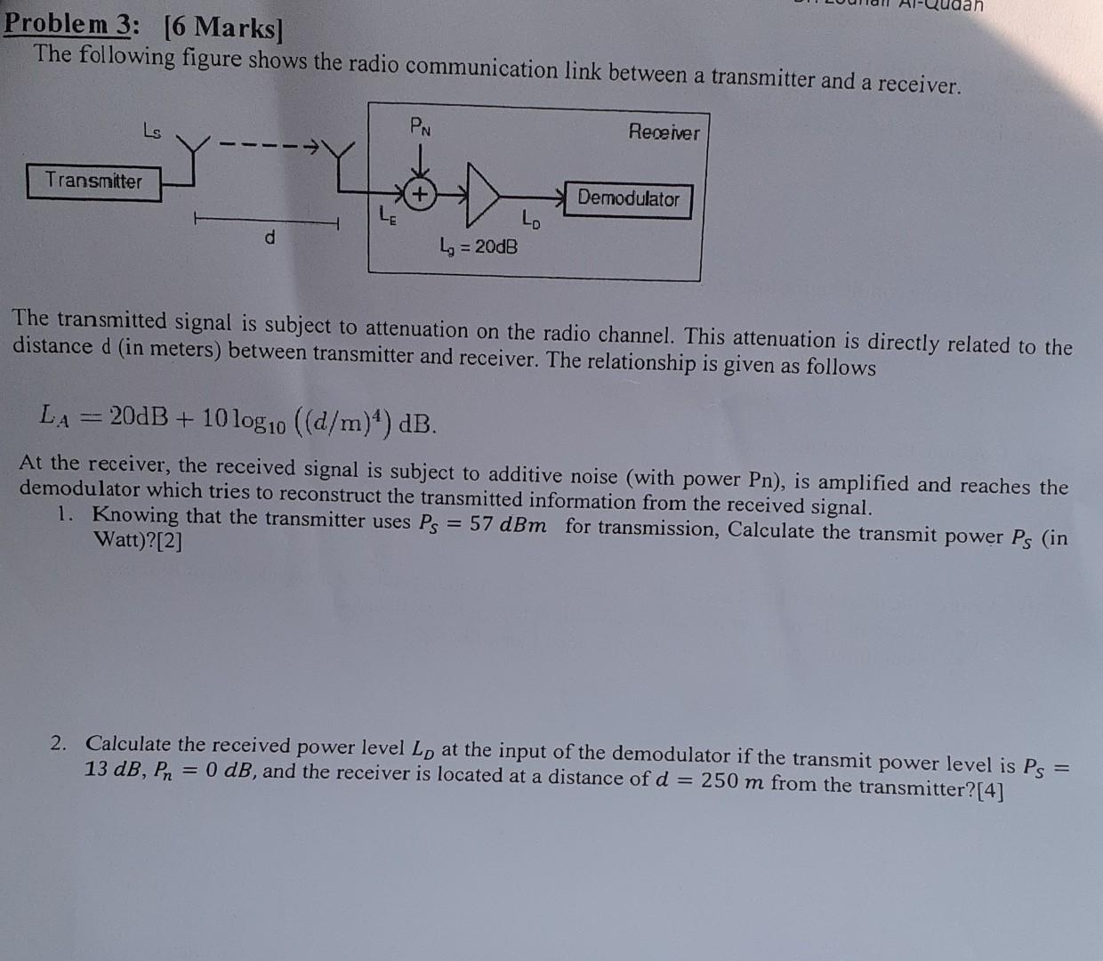 An Problem 3 6 Marks The Following Figure Shows The Radio Communication Link Between A Transmitter And A Receiver Ls 1