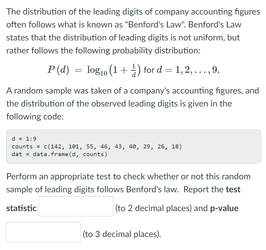 The Distribution Of The Leading Digits Of Company Accounting Figures Often Follows What Is Known As Benford S Law Ben 1