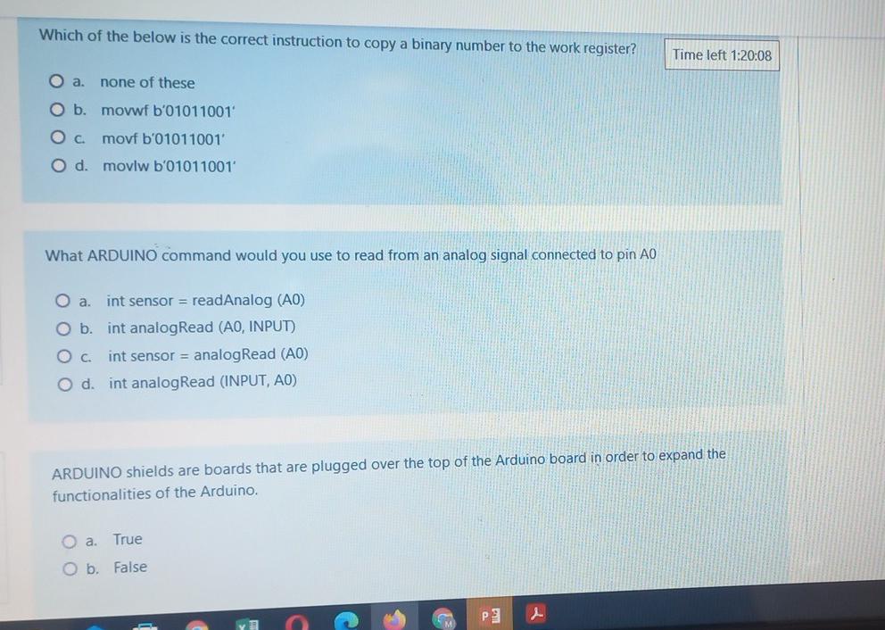 Which Of The Below Is The Correct Instruction To Copy A Binary Number To The Work Register Time Left 1 20 08 O A None 1