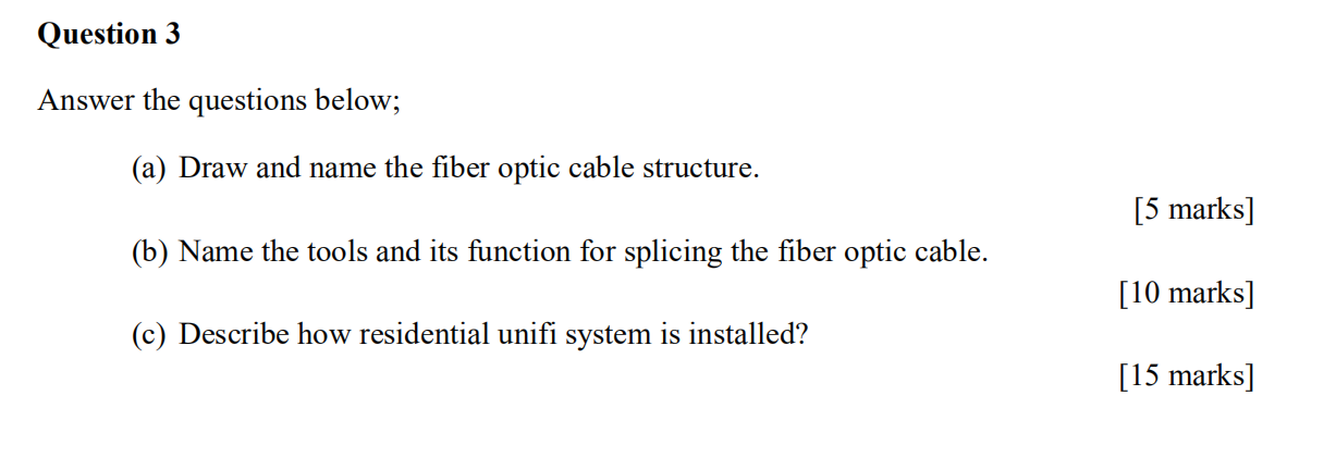 Question 3 Answer The Questions Below A Draw And Name The Fiber Optic Cable Structure 5 Marks B Name The Tools A 1