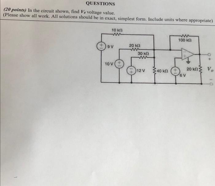 Questions 20 Points In The Circuit Shown Find V Voltage Value Please Show All Work All Solutions Should Be In Exa 1
