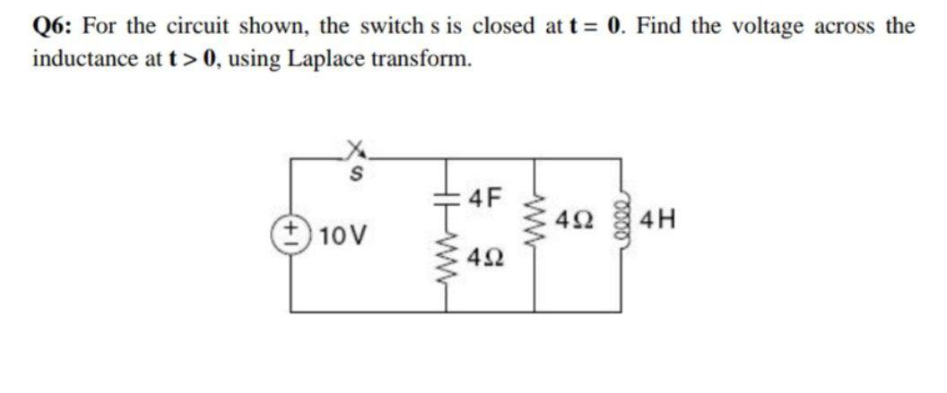Q6 For The Circuit Shown The Switch S Is Closed At T 0 Find The Voltage Across The Inductance At T 0 Using Lapla 1