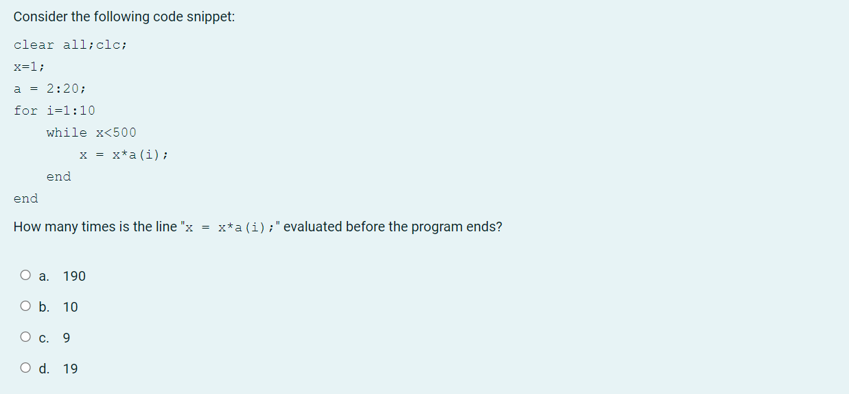 Consider the following code snippet clear all clc x 1 a 2 20 for
