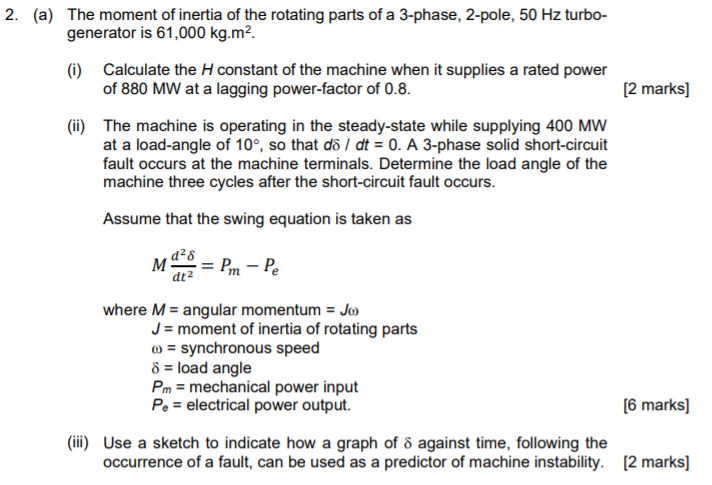 2 A The Moment Of Inertia Of The Rotating Parts Of A 3 Phase 2 Pole 50 Hz Turbo Generator Is 61 000 Kg M I Calc 1