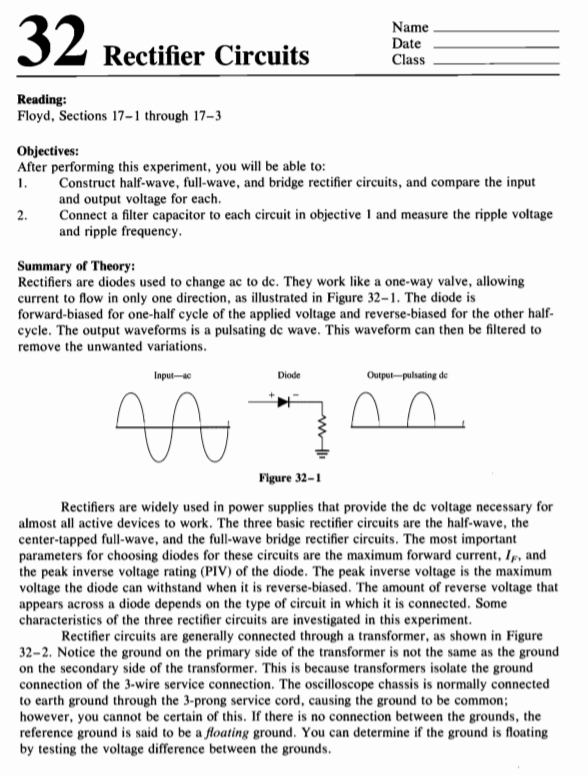 32 Rectifier Circuits Name Date Class Reading Floyd Sections 17 1 Through 17 3 Objectives After Performing This Exper 1
