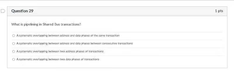 D Question 29 1 Pts What Is Pipelining In Shared Bus Transactions A Systematic Overlapping Between Address And Data Pha 1
