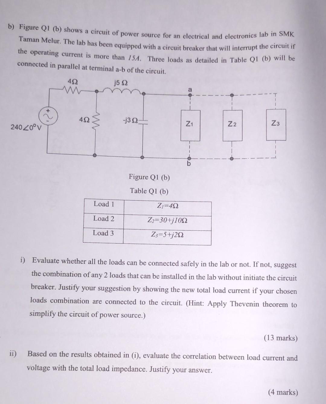 B Figure Q1 B Shows A Circuit Of Power Source For An Electrical And Electronics Lab In Smk Taman Melur The Lab Has B 1
