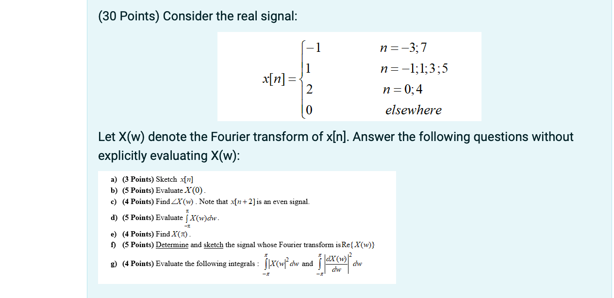 30 Points Consider The Real Signal 1 1 X N N 3 7 N 1 1 3 5 N 0 4 Elsewhere 2 0 Let X W Denote The Fourier Trans 1