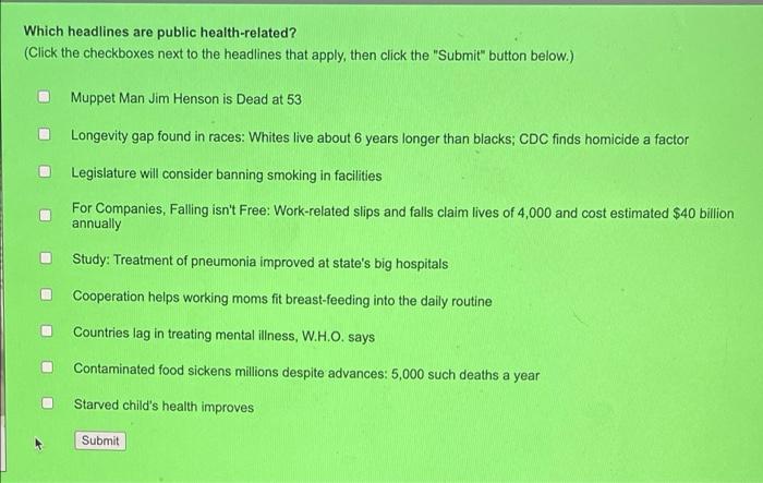Which Headlines Are Public Health Related Click The Checkboxes Next To The Headlines That Apply Then Click The Submi 1