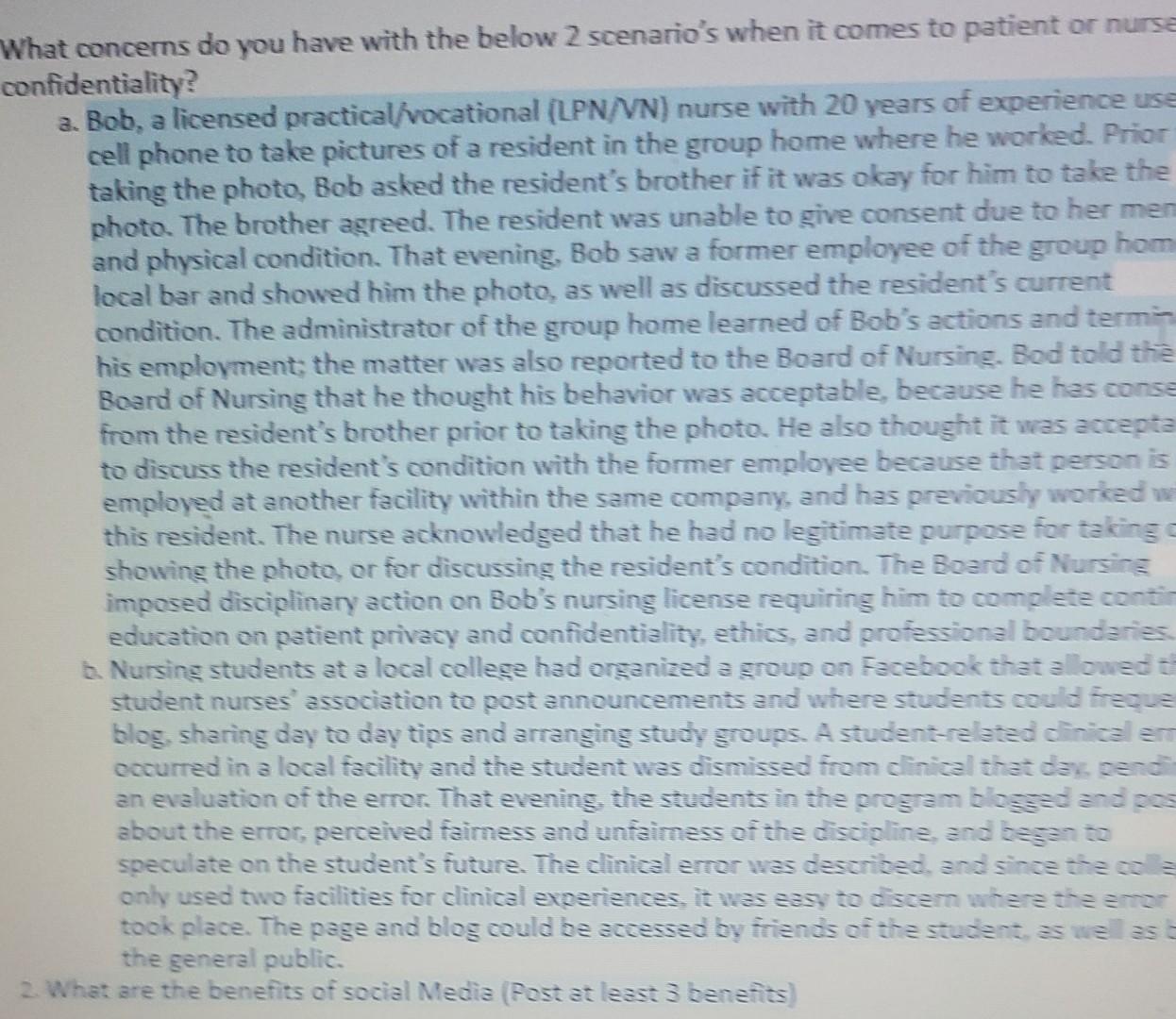 A What Concers Do You Have With The Below 2 Scenario S When It Comes To Patient Or Nurse Confidentiality 2 Bob A Lice 1